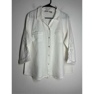 Edward Irish Linen White Women’s Blouse Shirt 3/4 sleeve Embroidered Size XL